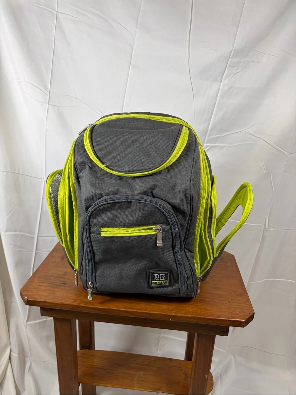 BB Gear Insulated Cooler Backpack Gray Lime Green Multi Compartment Travel Bag